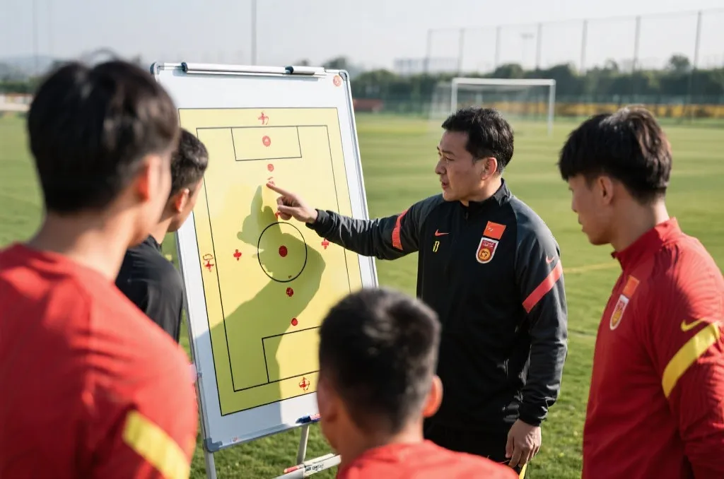 墨西哥足球训练场上，教练组围绕战术板讨论阵型